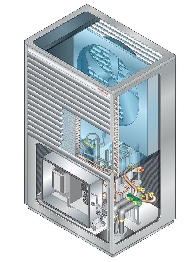 Schnittansicht einer Weishaupt Wärmepumpe, die von André Haar Heizungsbau angeboten wird, zeigt interne Komponenten und Mechanismen, die für effiziente Wärmeenergie in Häusern und Gebäuden in Höxmark sorgen, im Rahmen von Dienstleistungen für Heizungswartung und Heizungserneuerung.